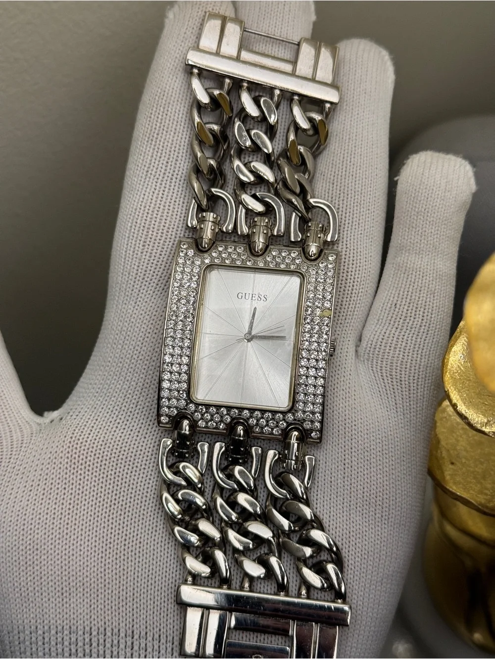 GUESS oversized Silver Crystal-Embellished women’s Chain Bracelet Watch